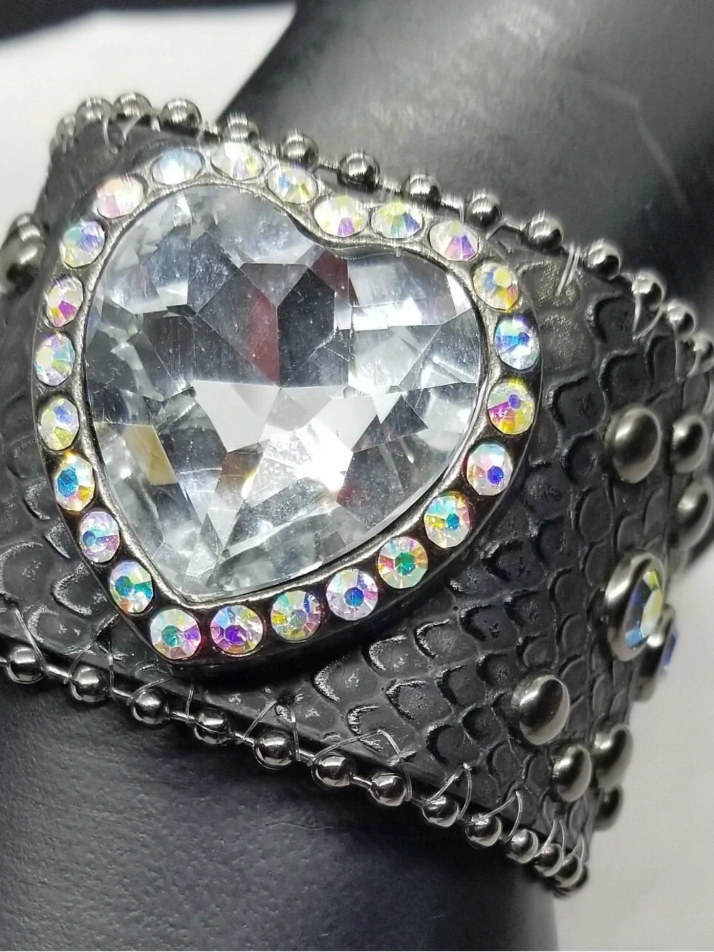 Heart Faux Crystal Studded Leather Cuff Bracelet - Black with Clear Gems Unisex